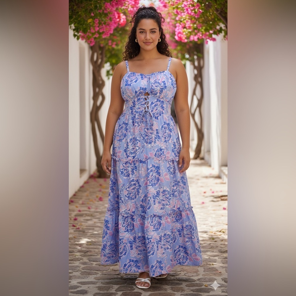 NWT Grace Karin Sleeveless Spaghetti Strap Smocked Tiered Maxi Blue/Pink XL